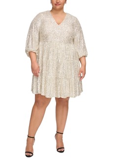 Eliza J Plus Size Sequined Long-Sleeve Tiered Dress - Silver