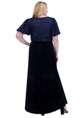 Eliza J Plus Size V-Neck Mixed-Media Sequin Velvet Gown - Navy