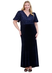 Eliza J Plus Size V-Neck Mixed-Media Sequin Velvet Gown - Navy