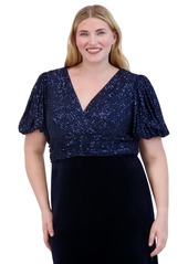 Eliza J Plus Size V-Neck Mixed-Media Sequin Velvet Gown - Navy