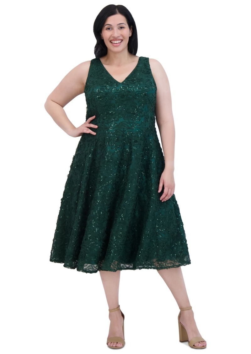 Eliza J Plus Size V-Neck Sleeveless A-Line Sequin Dress - Hunter