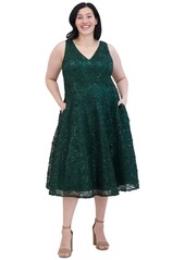 Eliza J Plus Size V-Neck Sleeveless A-Line Sequin Dress - Hunter