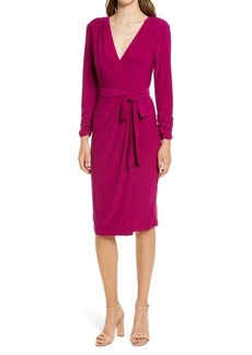 Eliza J Ruched Long Sleeve Faux Wrap Dress in Magenta at Nordstrom