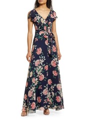 Eliza J Ruffle Floral Maxi Dress in Navy at Nordstrom