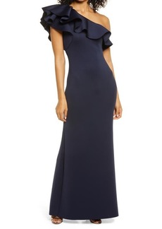 Eliza J Ruffle One Shoulder Bodycon Gown in Navy at Nordstrom