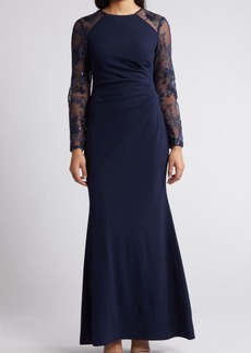 Eliza J Sequin Embroidered Long Sleeve Gown