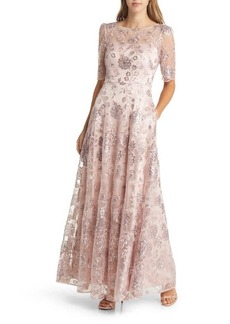 Eliza J Sequin Floral Illusion Lace Fit & Flare Gown