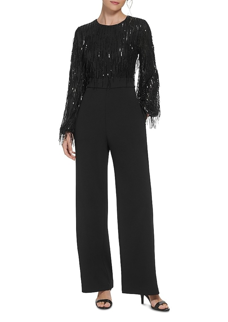 Eliza J Sequin Fringe Long Sleeve Jumpsuit