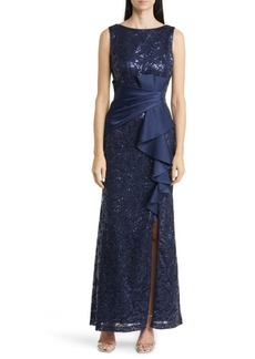Eliza J Sequin Ruffle Sleeveless Lace Trumpet Gown
