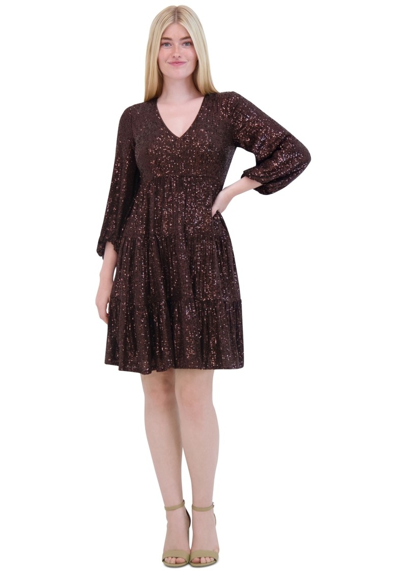 Eliza J Sequinned Tiered Fit & Flare Dress - Chocolate