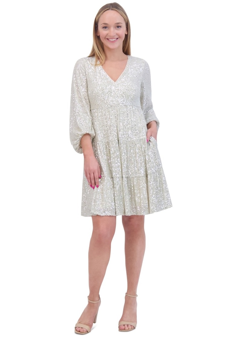 Eliza J Sequinned Tiered Fit & Flare Dress - Silver