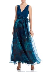 Eliza J Sleeveless Tie Waist Floral Chiffon Ball Gown