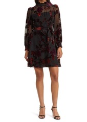 Eliza J Smocked Trim Long Sleeve Velvet Burnout Dress