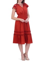 Eliza J Tiered Ruffle Sleeve Tie Neck Midi Dress