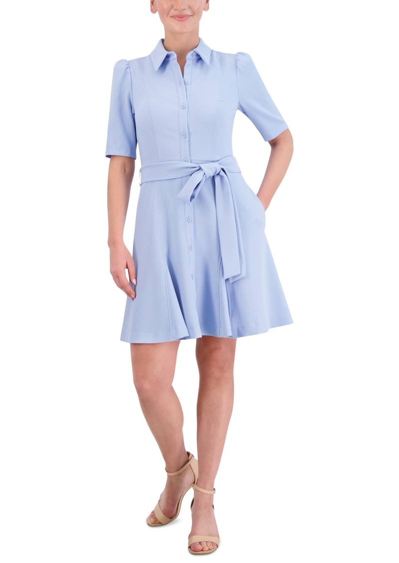 Eliza J Women's Elbow-Sleeve Belted Stretch Crepe Shirtdress - Light Blue
