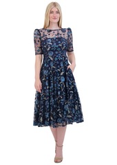 Eliza J Women's Floral Sequin Puff-Sleeve Fit & Flare Dress - Navy