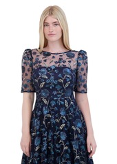 Eliza J Women's Floral Sequin Puff-Sleeve Fit & Flare Dress - Navy