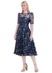 Eliza J Women's Floral Sequin Puff-Sleeve Fit & Flare Dress - Navy