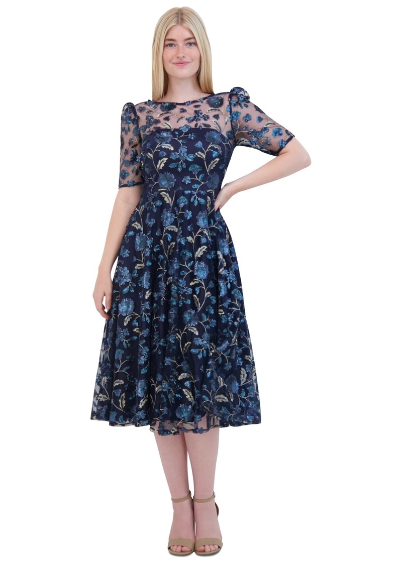 Eliza J Women's Floral Sequin Puff-Sleeve Fit & Flare Dress - Navy