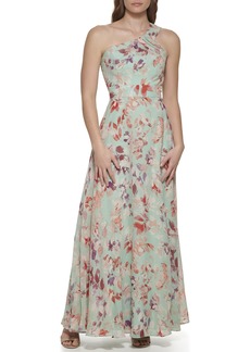Eliza J Women's Gown Style Printed Chiffon Sleeveless Asymetrical One Shoulder Dress