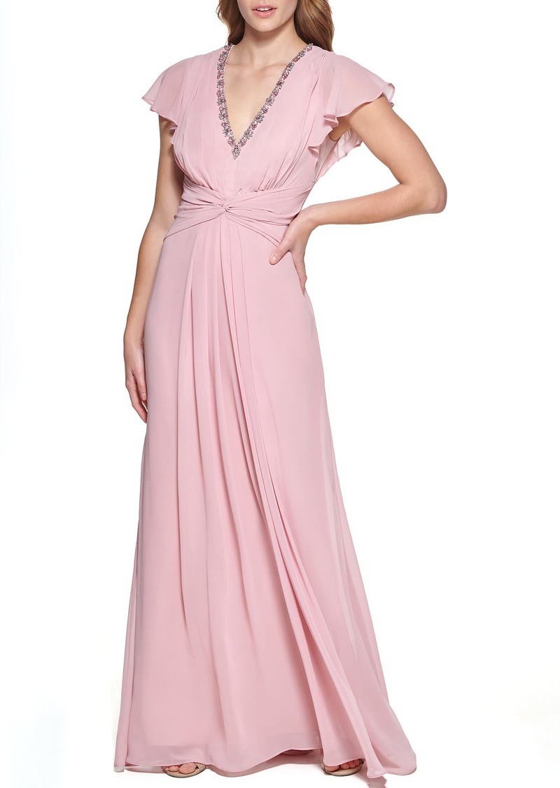 Eliza J Women's Gown Style Twist Waist Chiffon Flutter Sleeve Beaded Vneck Dress
