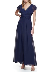 Eliza J Women's Gown Style Twist Waist Chiffon Flutter Sleeve Beaded Vneck Dress