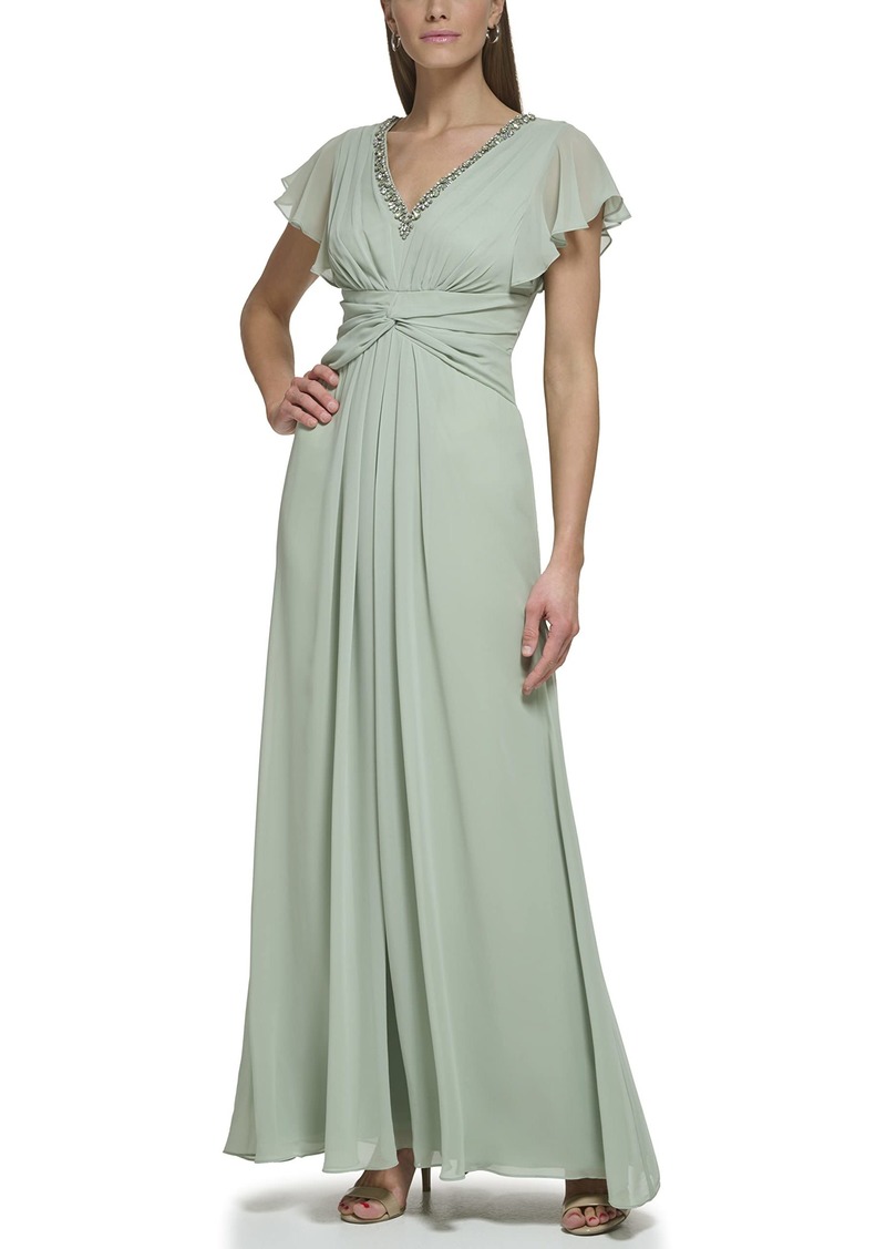 Eliza J Women's Gown Style Twist Waist Chiffon Flutter Sleeve Beaded Vneck Dress SAGE