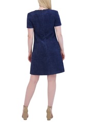 Eliza J Women's Jewel-Neck Short-Sleeve Textured Shift Dress - Medium Blu