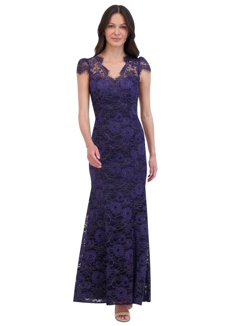 Eliza J Women's Metallic Floral Lace Cap-Sleeve Gown - Navy Gold