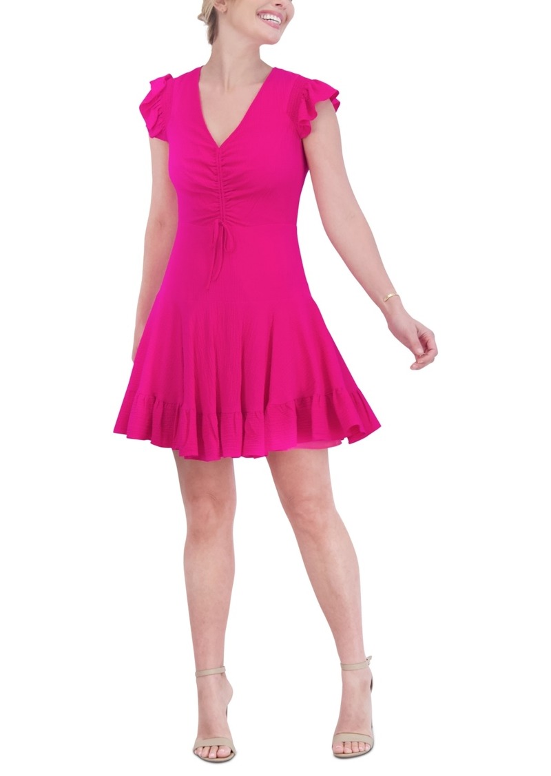 Eliza J Women's Ruched Flutter-Sleeve V-Neck Dress - Hot Pink