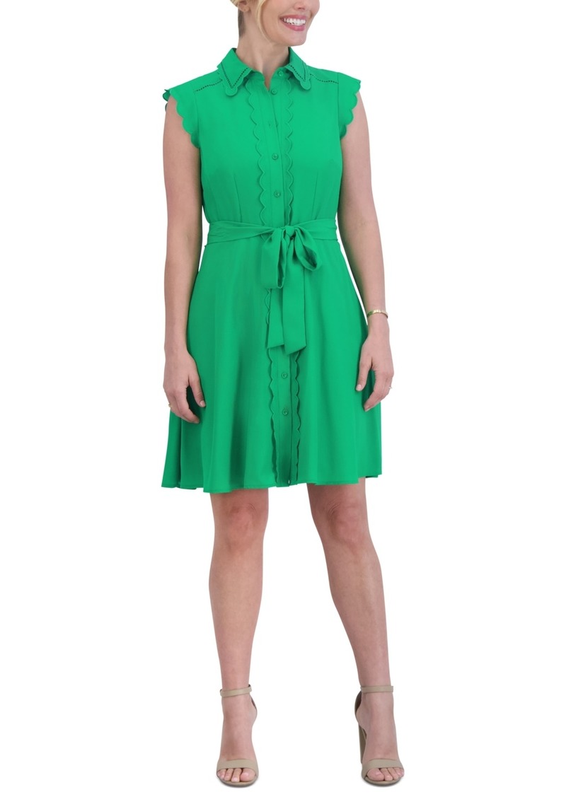 Eliza J Women's Scallop-Trim Tie-Waist Collared Shirtdress - Green