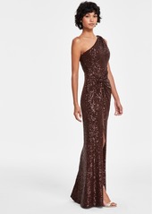 Eliza J Women's Sequined One-Shoulder Side-Twist Gown - chocolate