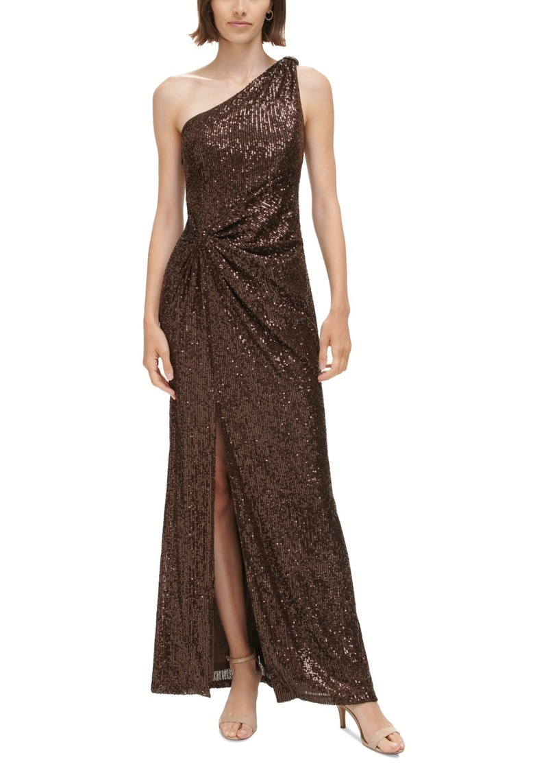 Eliza J Women's Sequined One-Shoulder Side-Twist Gown - chocolate