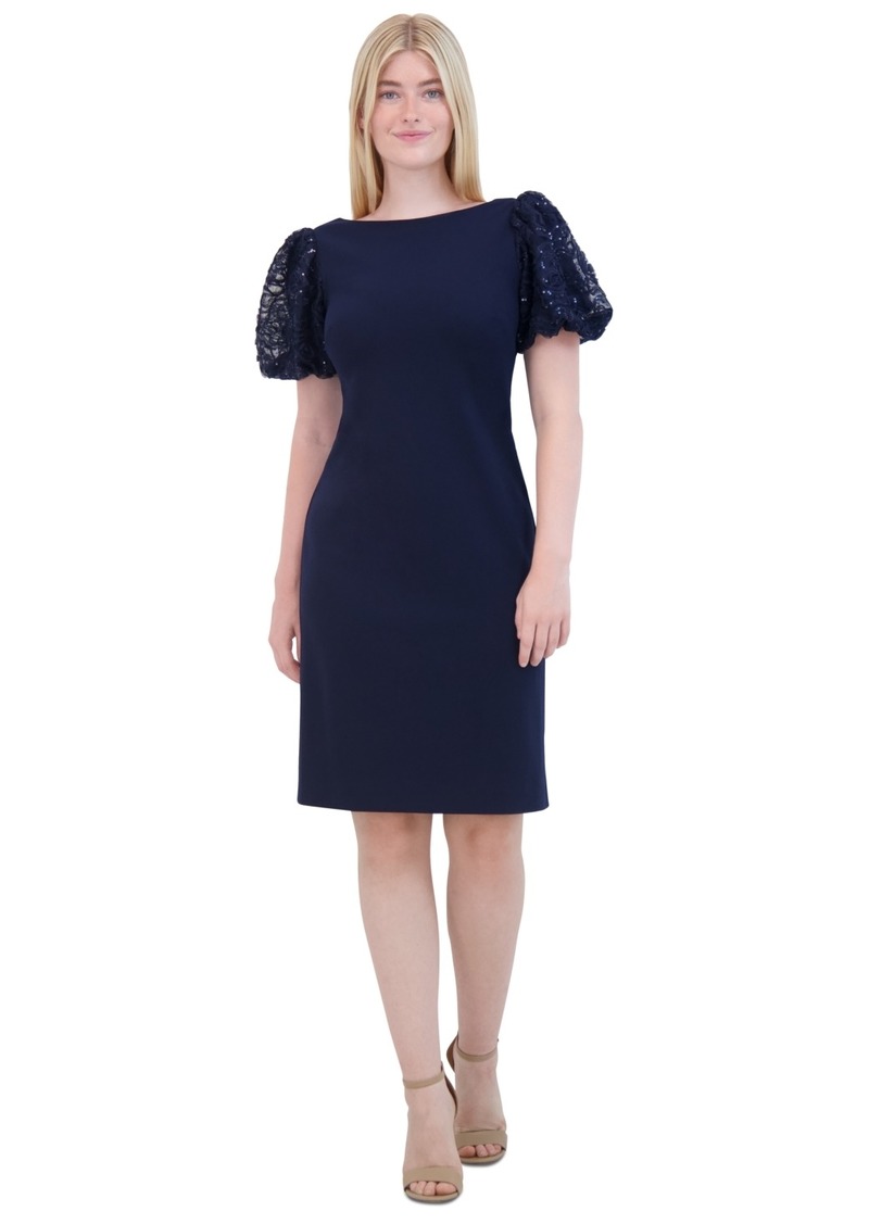 Eliza J Women's Sequined Puff-Sleeve Boat-Neck Dress - Navy