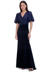 Eliza J Women's Sequined Velvet Puff-Sleeve Gown - Navy