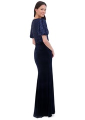 Eliza J Women's Sequined Velvet Puff-Sleeve Gown - Navy