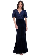 Eliza J Women's Sequined Velvet Puff-Sleeve Gown - Navy