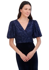 Eliza J Women's Sequined Velvet Puff-Sleeve Gown - Navy