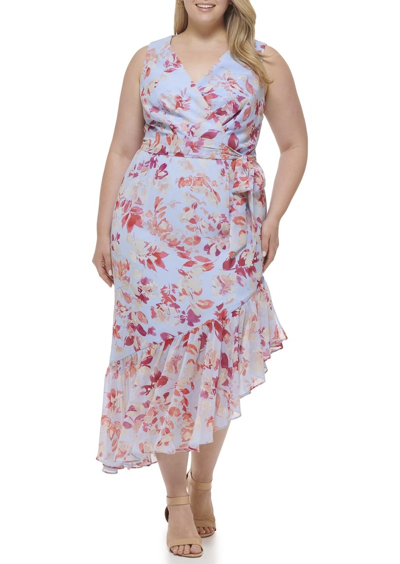 Eliza J Women's Size Ruffle Hem V-Neck Floral Maxi Dress