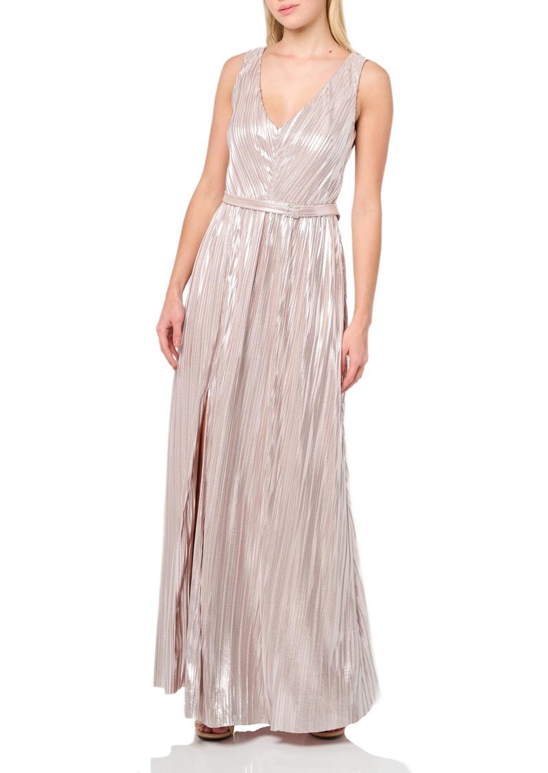 Eliza J Women's Sleeveless V Neck Metallic Knit Gown Dress