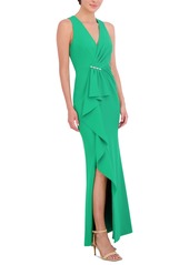 Eliza J Women's V-Neck Cascading-Ruffle Side-Slit Gown - Green