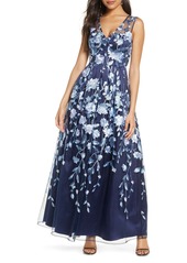 Eliza J Floral Embroidered A-Line Mesh Gown in Navy Blue at Nordstrom