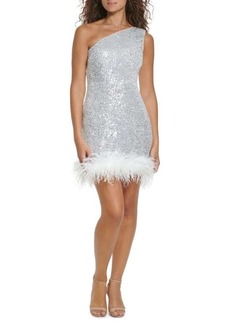 Eliza J Holiday Sequin & Feather One Shoulder Mini Dress