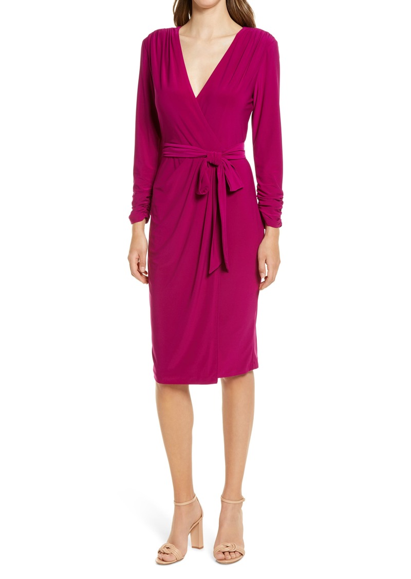 Ruched Long Sleeve Faux Wrap Dress 