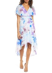 Eliza J Watercolor Floral Flutter High/Low Faux Wrap Dress