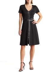 Ellen Tracy Fit & Flare Faux Leather Trim Dress in Black at Nordstrom Rack