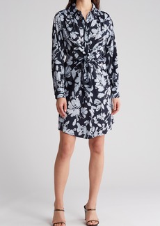 Ellen Tracy Floral Knot Front Long Sleeve Shirtdress in Navy Floral at Nordstrom Rack
