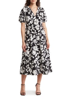 Ellen Tracy Floral Puff Sleeve Side Tie Midi Dress in Black/White Floral Blossom at Nordstrom Rack