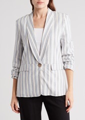 Ellen Tracy Ruched Sleeve Linen Blend Blazer in Linen/White Stripe at Nordstrom Rack