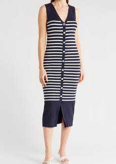 Ellen Tracy Sleeveless Button Front Sweater Dress in Navy/Marshmallow Stripe at Nordstrom Rack
